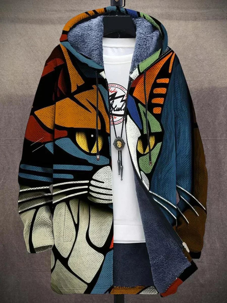 Men's Abstract Print Fleece Lined Zip Up Hooded Cardigan
