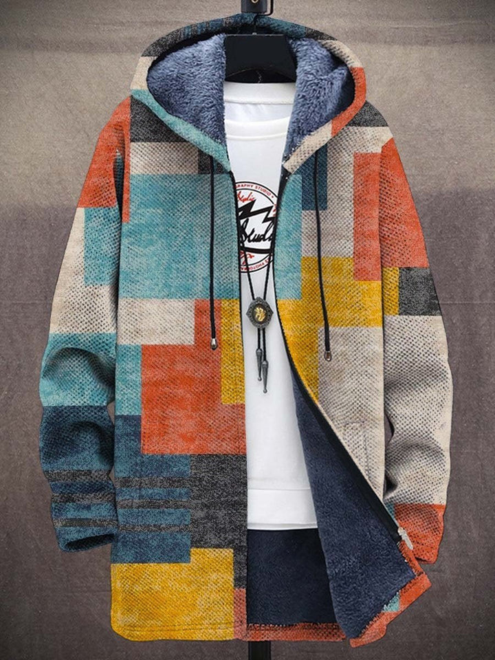 Men's Abstract Print Fleece Lined Zip Up Hooded Cardigan