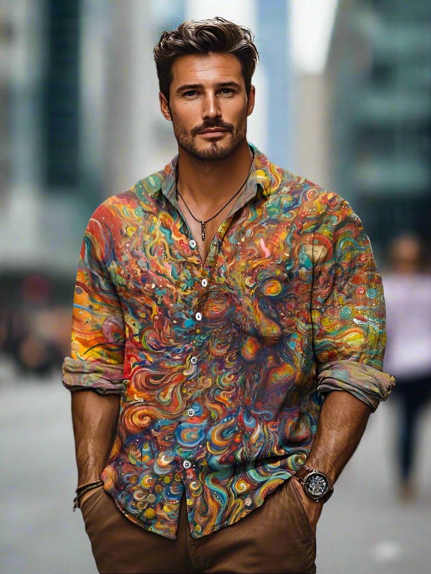 Men's Abstract Print Shirt - Long Sleeve Button Up Summer Top
