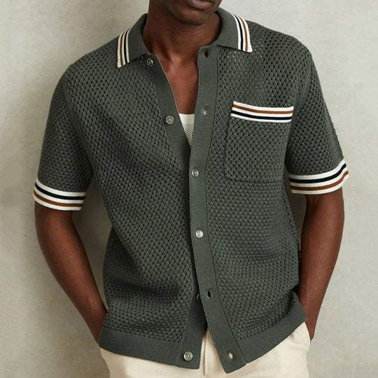 Men's Army Green Knit Polo Shirt Short Sleeve Summer Top