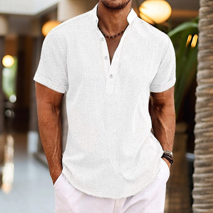 Men's Band Collar Short Sleeve Shirt, Casual Summer Button-Up
