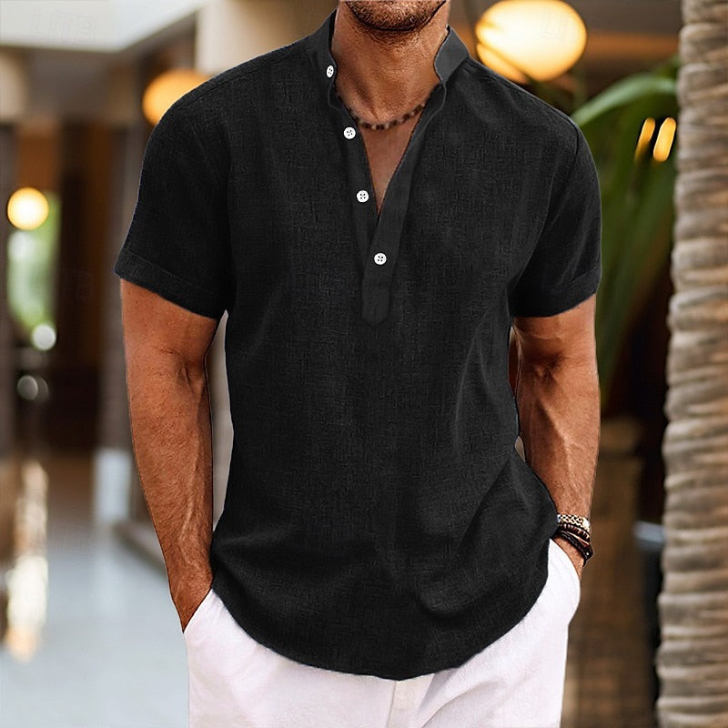 Men's Band Collar Short Sleeve Shirt, Casual Summer Button-Up