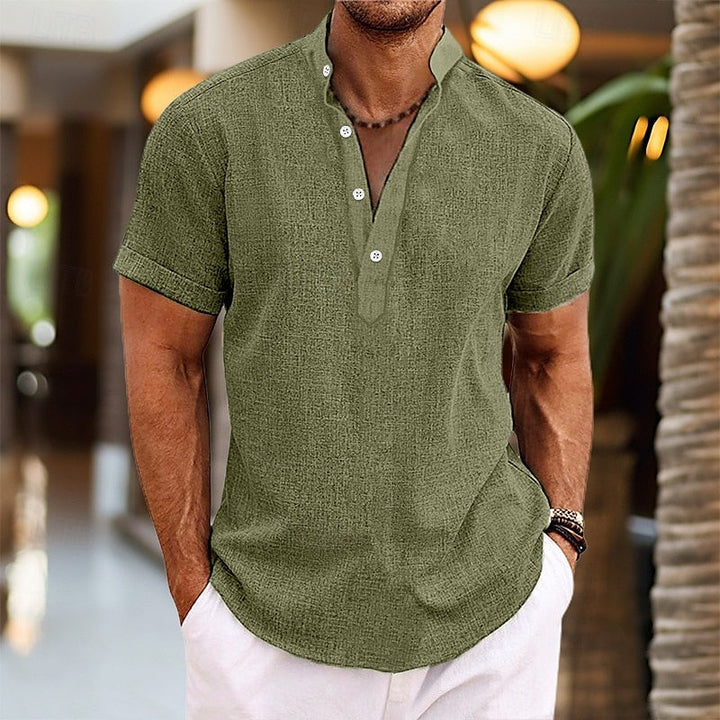 Men's Band Collar Short Sleeve Shirt, Casual Summer Button-Up