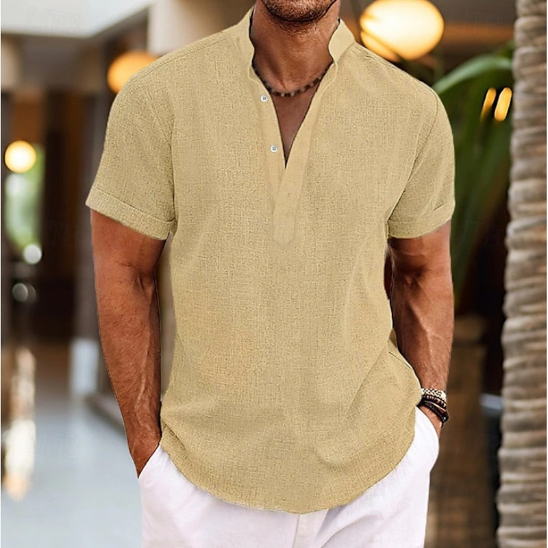 Men's Band Collar Short Sleeve Shirt, Casual Summer Button-Up