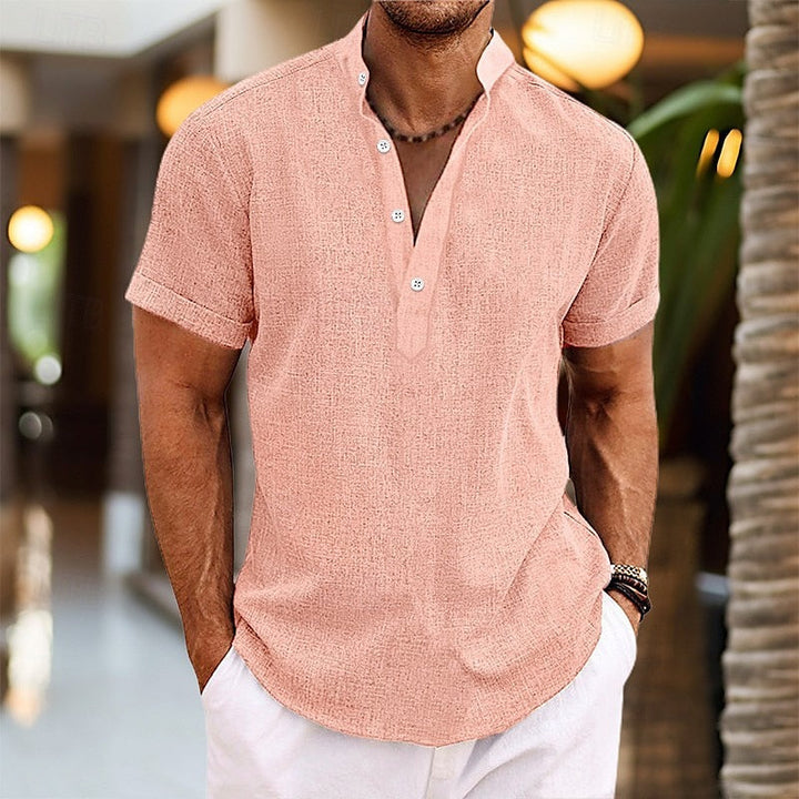 Men's Band Collar Short Sleeve Shirt, Casual Summer Button-Up