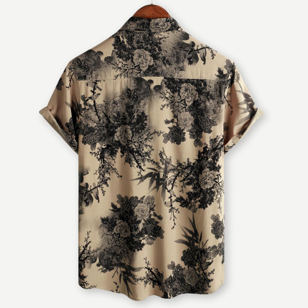 Men's Beige Floral Print Short Sleeve Button Down Shirt Summer