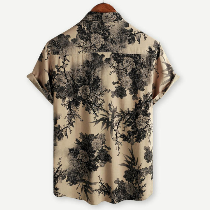 Men's Beige Floral Print Short Sleeve Button Down Shirt Summer
