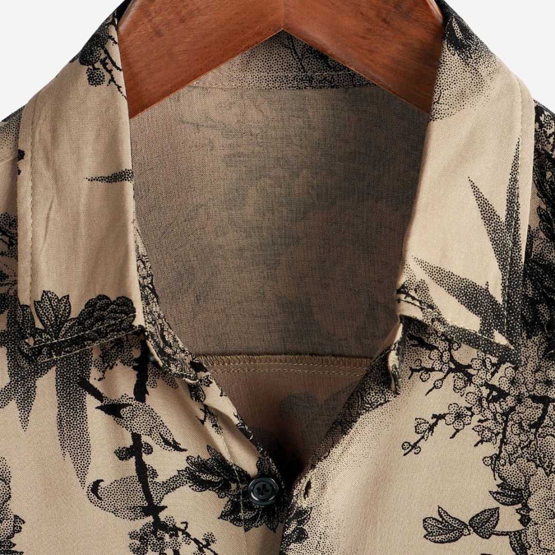 Men's Beige Floral Print Short Sleeve Button Down Shirt Summer