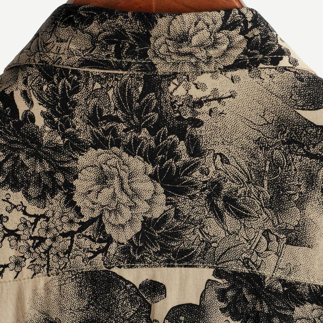 Men's Beige Floral Print Short Sleeve Button Down Shirt Summer