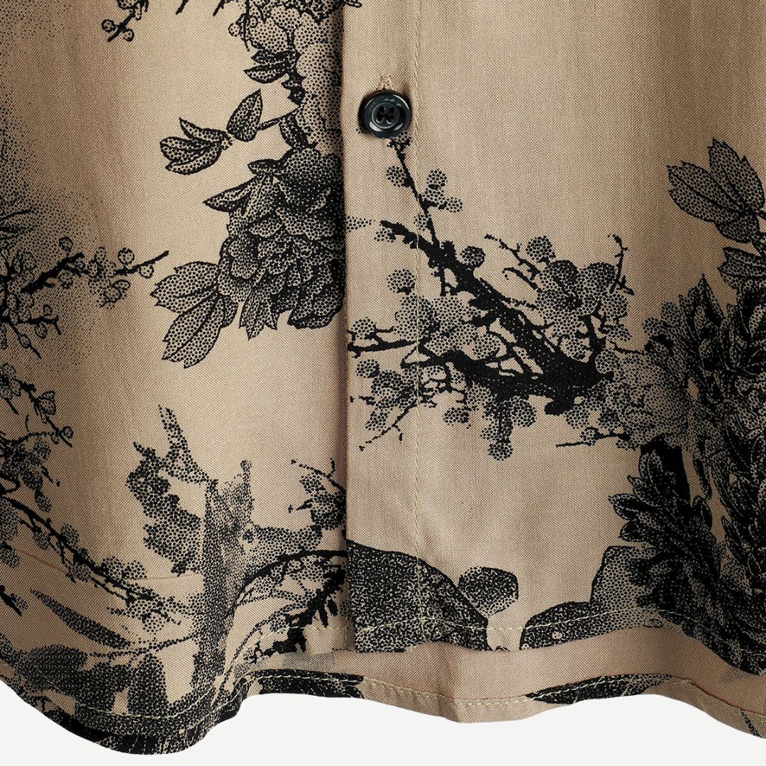 Men's Beige Floral Print Short Sleeve Button Down Shirt Summer