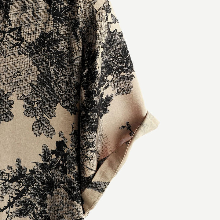 Men's Beige Floral Print Short Sleeve Button Down Shirt Summer