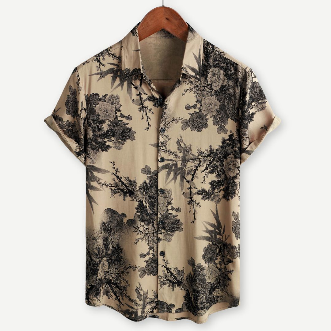 Men's Beige Floral Print Short Sleeve Button Down Shirt Summer
