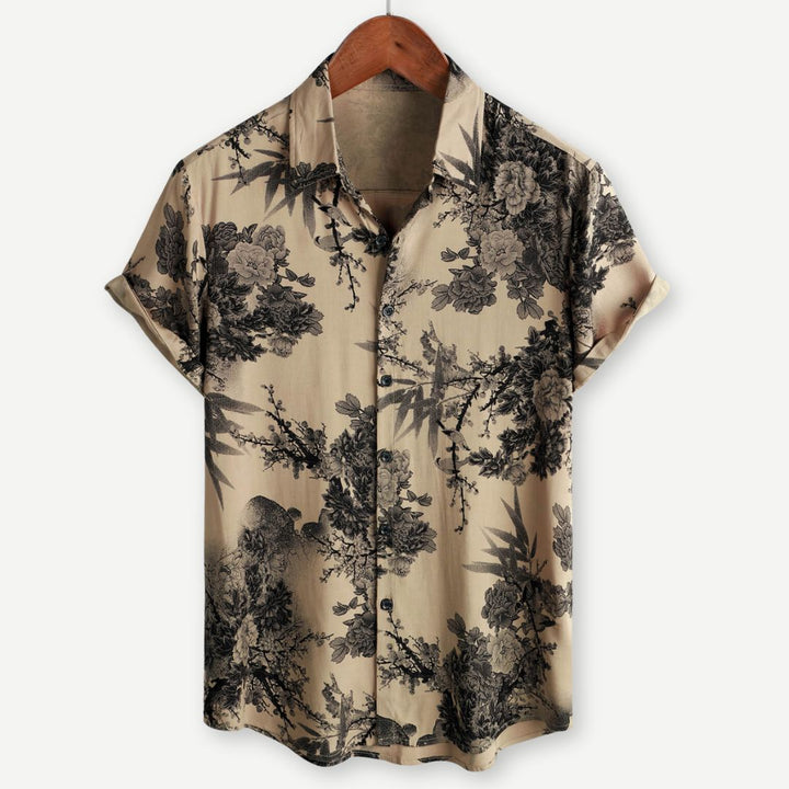 Men's Beige Floral Print Short Sleeve Button Down Shirt Summer