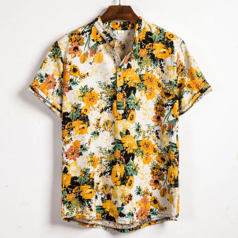 Men's Blue Floral Mandarin Collar Short Sleeve Summer Shirt
