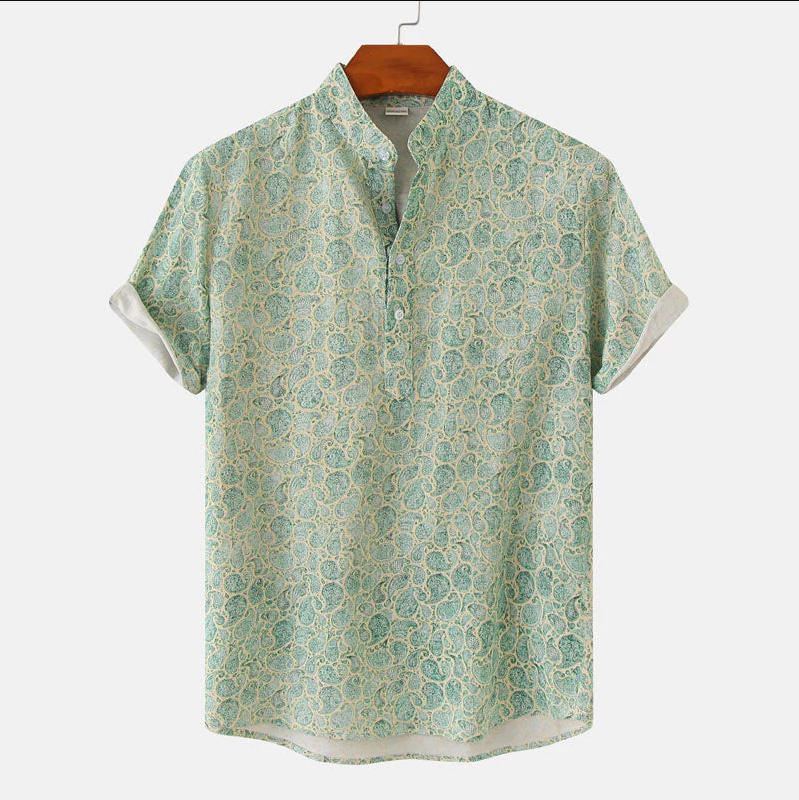 Men's Blue Floral Mandarin Collar Short Sleeve Summer Shirt