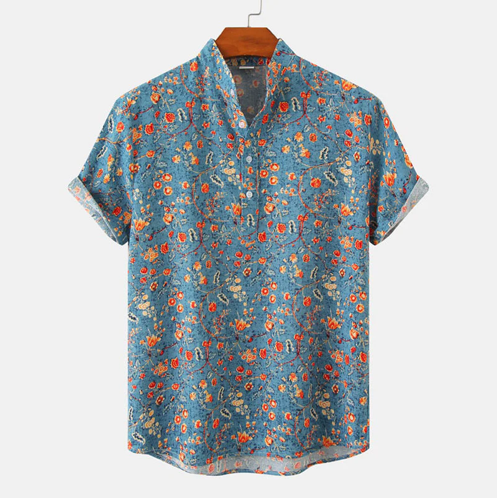 Men's Blue Floral Mandarin Collar Short Sleeve Summer Shirt