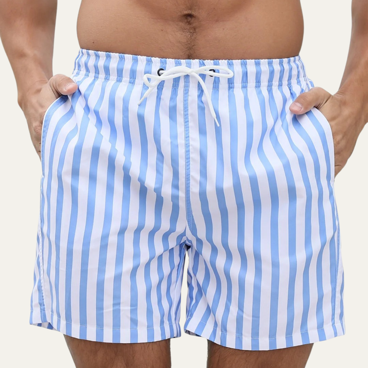 Men's Blue Striped Swim Trunks Quick-Dry Drawstring Beach Shorts