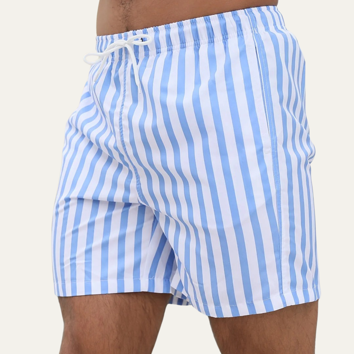 Men's Blue Striped Swim Trunks Quick-Dry Drawstring Beach Shorts