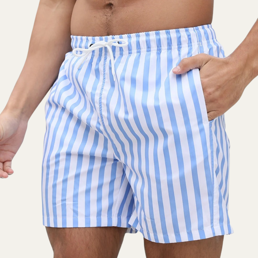 Men's Blue Striped Swim Trunks Quick-Dry Drawstring Beach Shorts