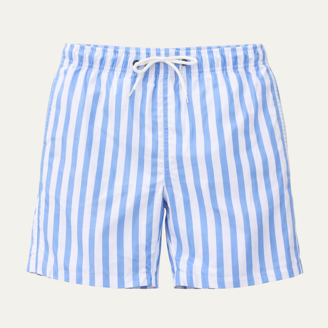 Men's Blue Striped Swim Trunks Quick-Dry Drawstring Beach Shorts