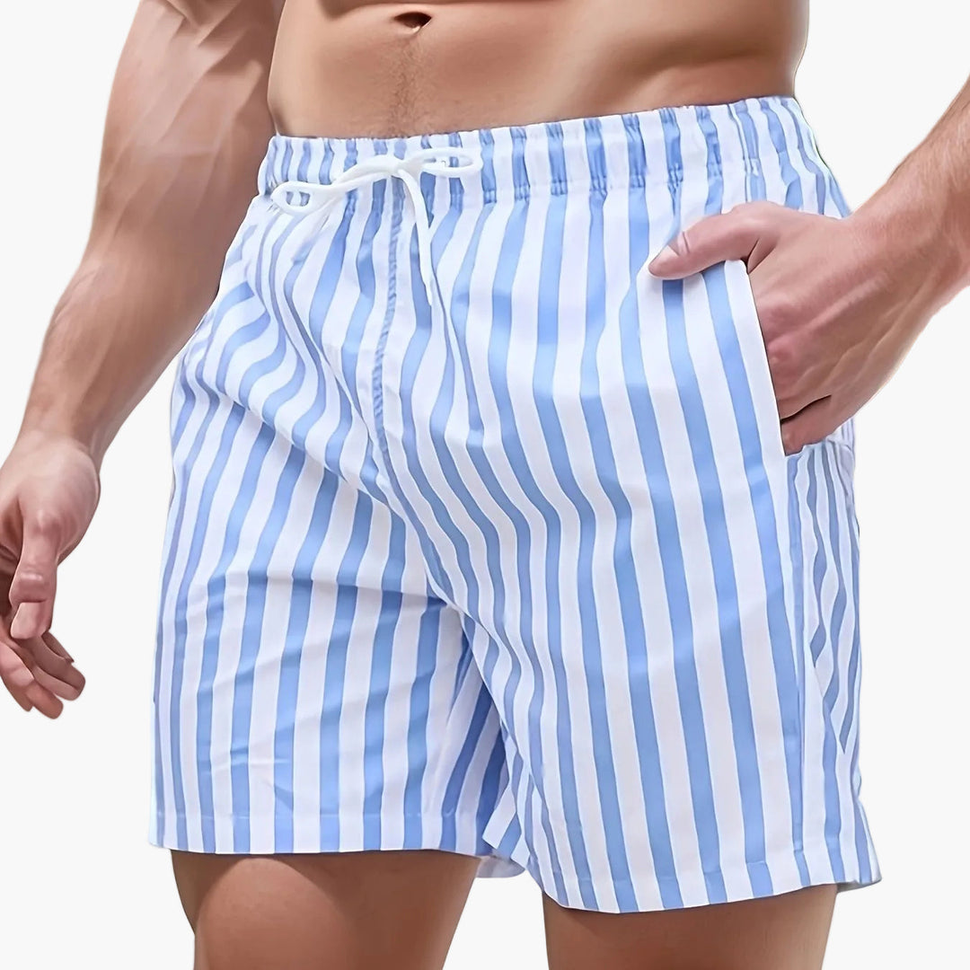 Men's Blue White Striped Quick-Dry Summer Swim Shorts Drawstring