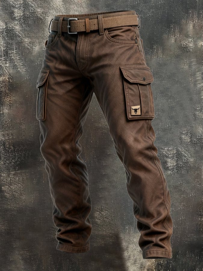 Men's Brown Slim Fit Cargo Pants Multi-Pocket with Matching Belt