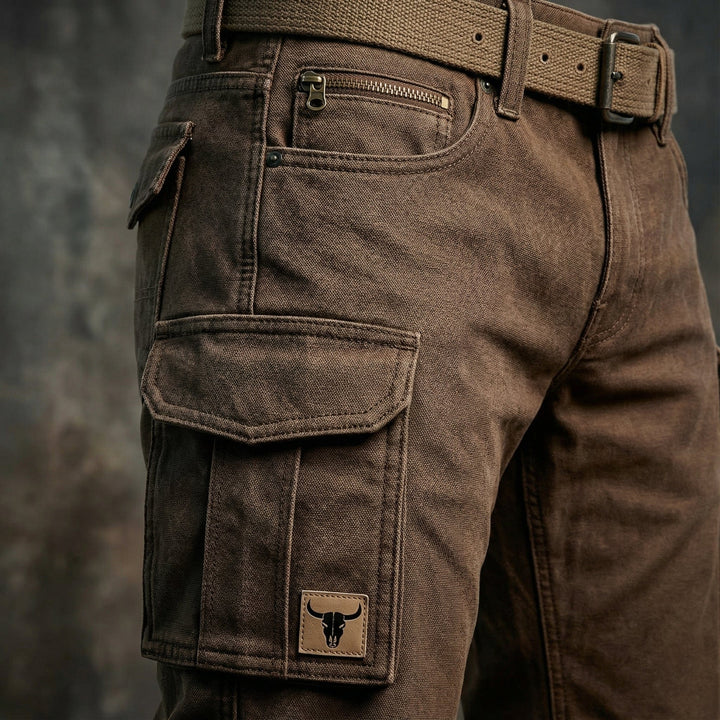 Men's Brown Slim Fit Cargo Pants Multi-Pocket with Matching Belt