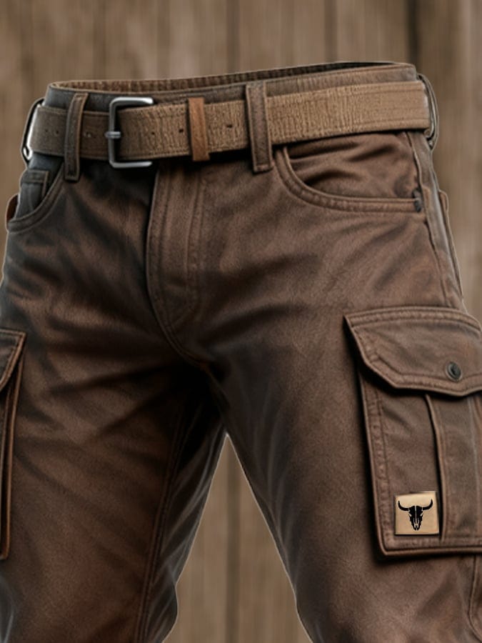 Men's Brown Slim Fit Cargo Pants Multi-Pocket with Matching Belt