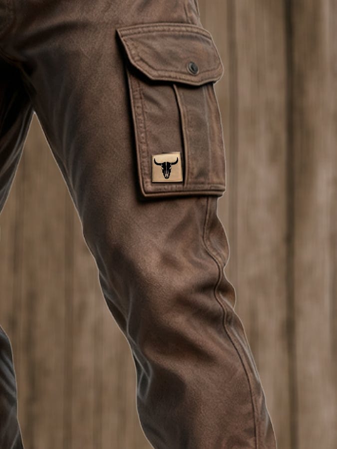 Men's Brown Slim Fit Cargo Pants Multi-Pocket with Matching Belt