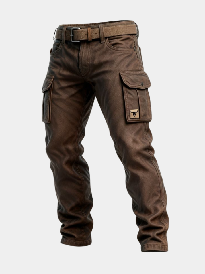 Men's Brown Slim Fit Cargo Pants Multi-Pocket with Matching Belt
