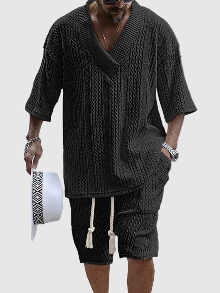 Men's Cable Knit V Neck Top and Shorts Summer Set