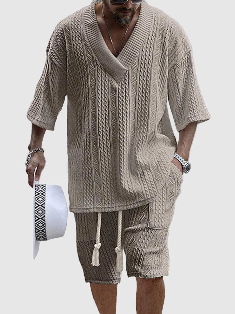Men's Cable Knit V Neck Top and Shorts Summer Set