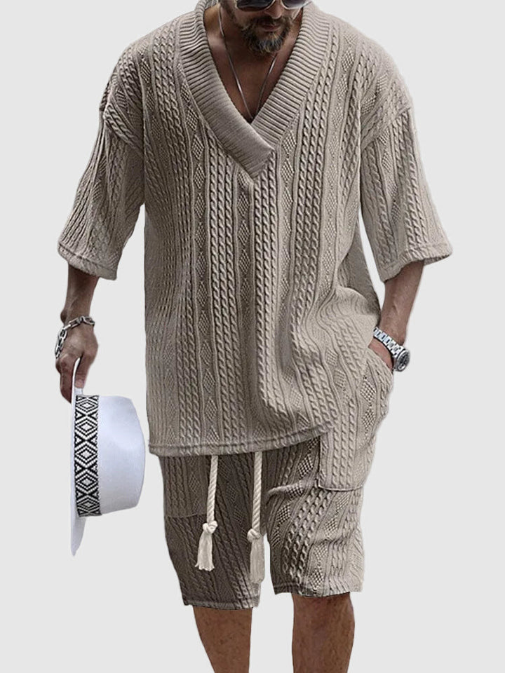 Men's Cable Knit V Neck Top and Shorts Summer Set