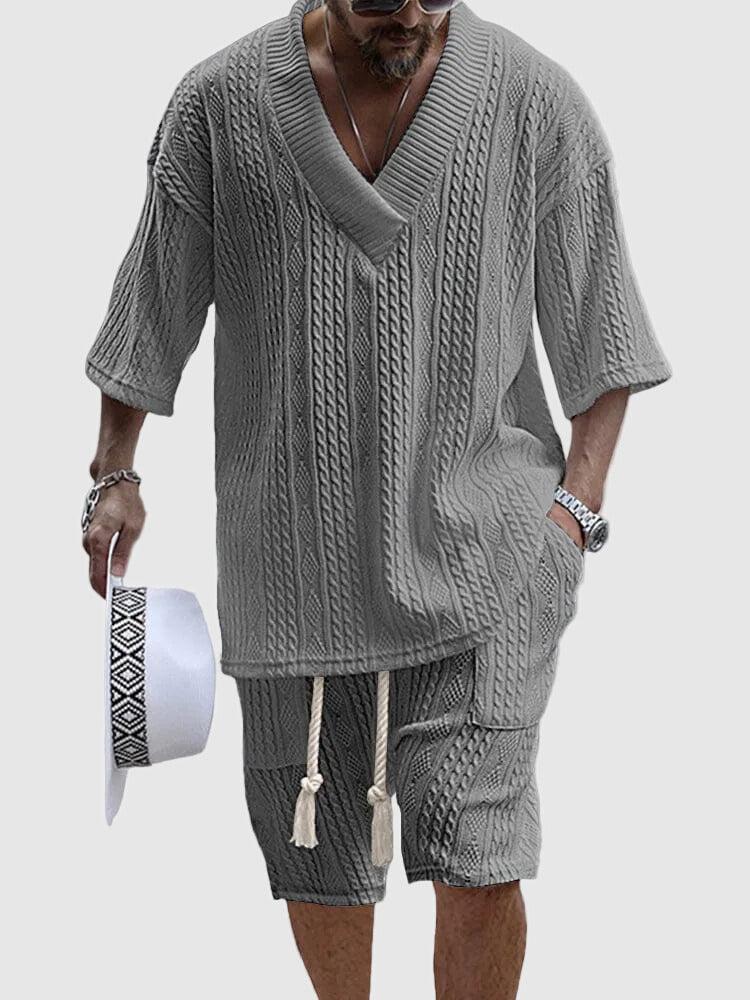 Men's Cable Knit V Neck Top and Shorts Summer Set