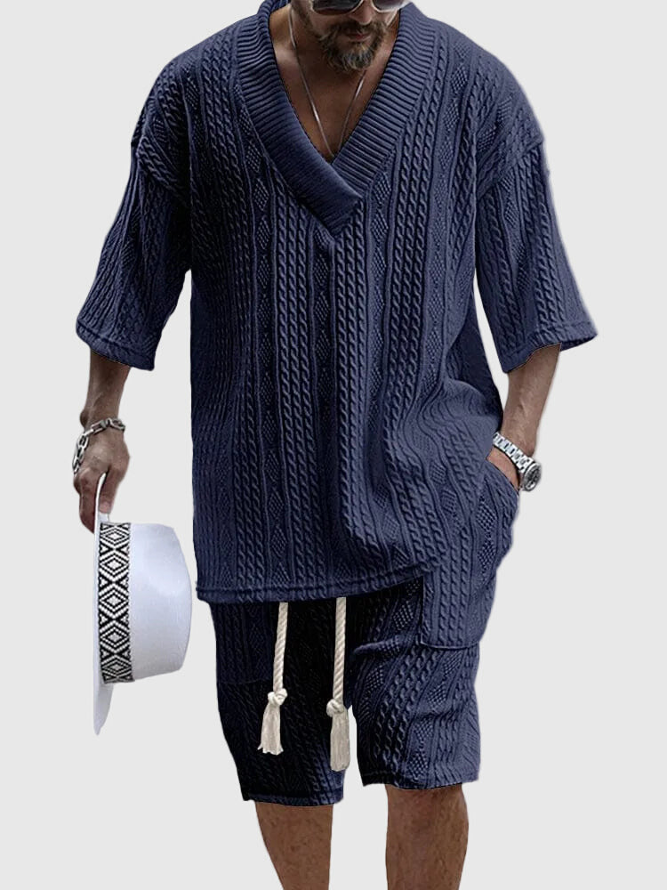 Men's Cable Knit V Neck Top and Shorts Summer Set