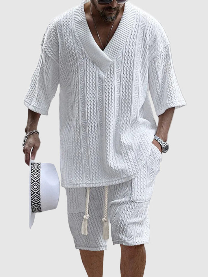 Men's Cable Knit V Neck Top and Shorts Summer Set