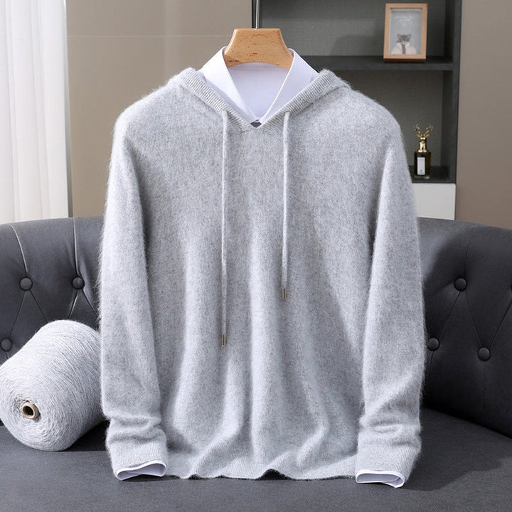 Men's Cashmere Hooded Drawstring Knit Pullover Sweater