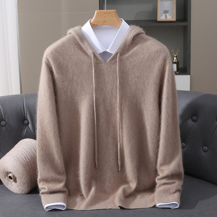 Men's Cashmere Hooded Drawstring Knit Pullover Sweater