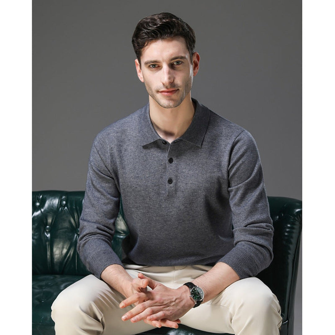 Men's Cashmere Polo Collar Long Sleeve Knit Sweater