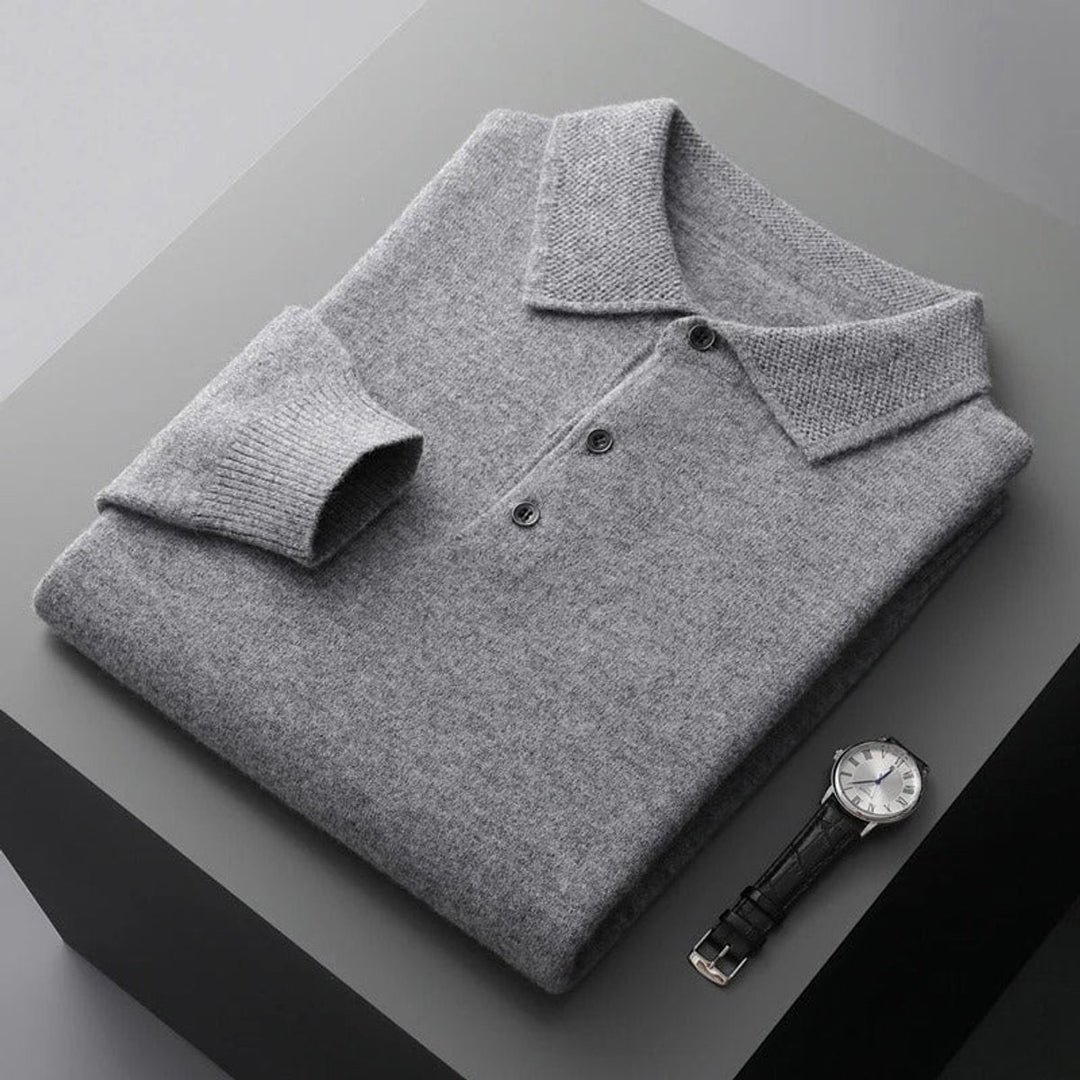 Men's Cashmere Polo Collar Long Sleeve Knit Sweater