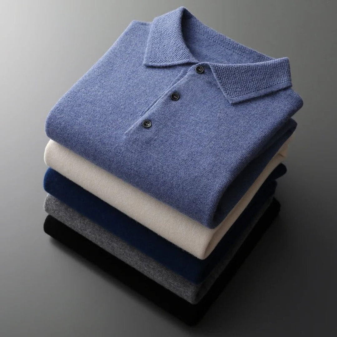 Men's Cashmere Polo Collar Long Sleeve Knit Sweater