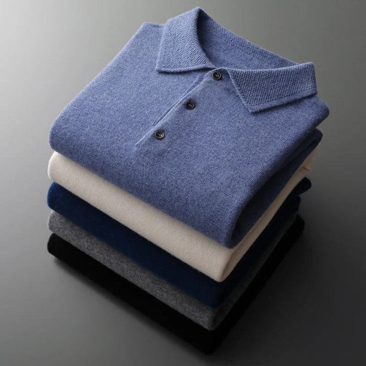 Men's Cashmere Polo Collar Long Sleeve Knit Sweater
