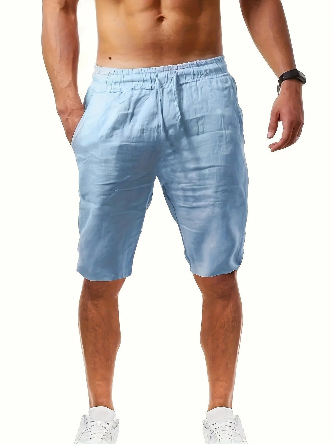 Men's Casual Knee Length Shorts, Elastic Waist with Pockets Summer