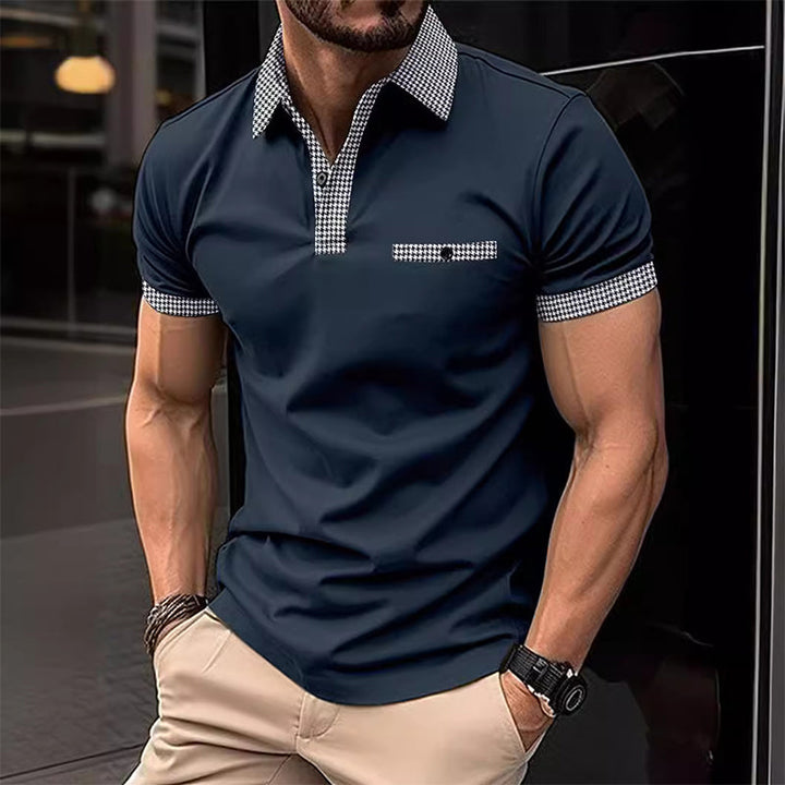 Men's Checkered Trim Short Sleeve Knit Polo Shirt Summer