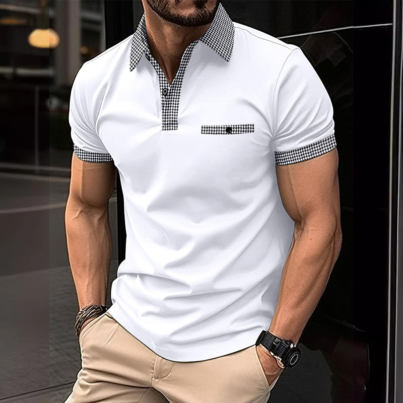 Men's Checkered Trim Short Sleeve Knit Polo Shirt Summer