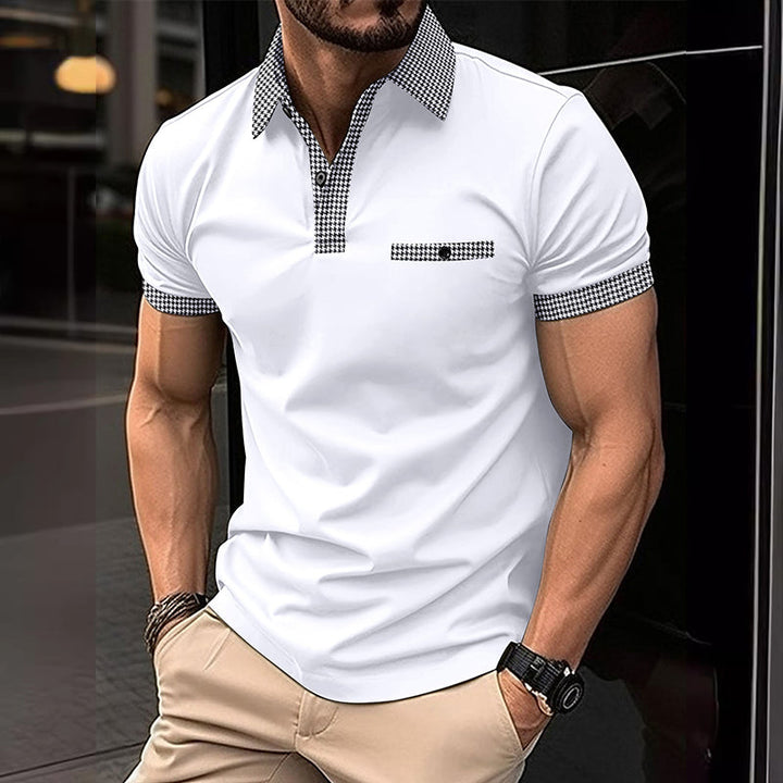 Men's Checkered Trim Short Sleeve Knit Polo Shirt Summer