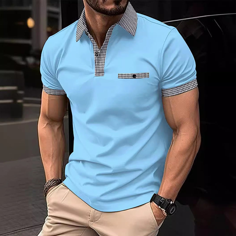 Men's Checkered Trim Short Sleeve Knit Polo Shirt Summer