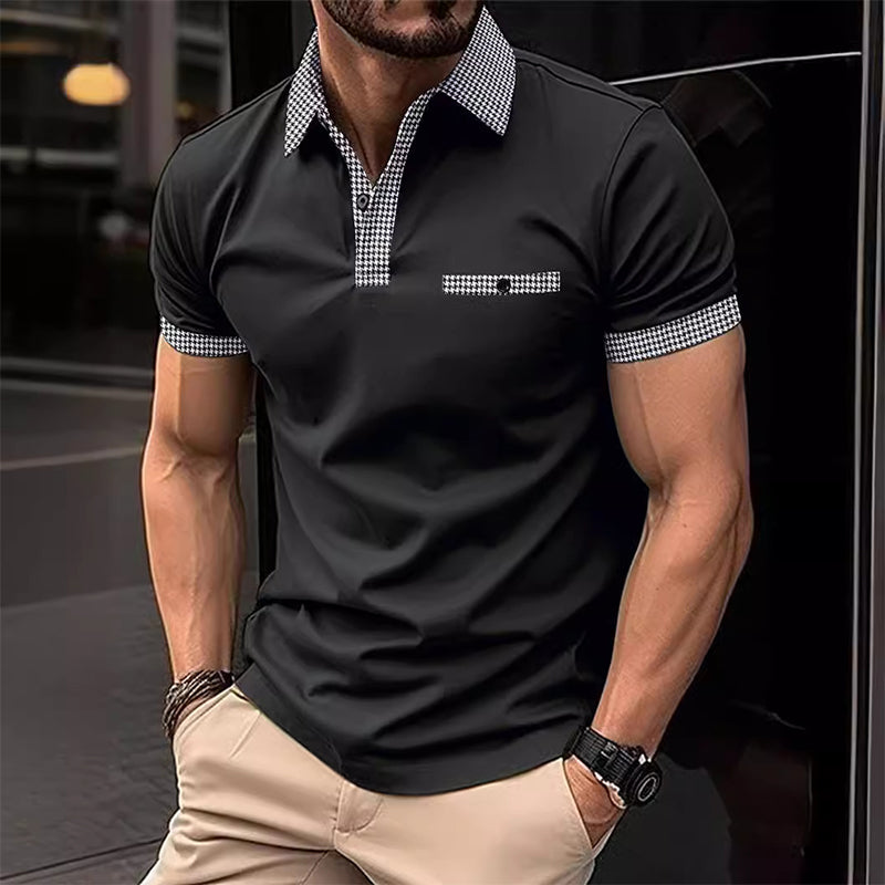 Men's Checkered Trim Short Sleeve Knit Polo Shirt Summer