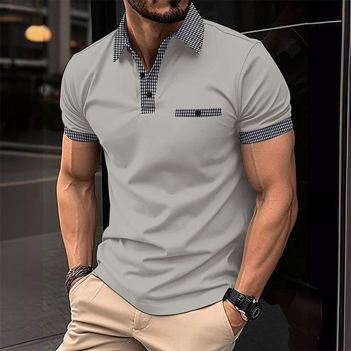 Men's Checkered Trim Short Sleeve Knit Polo Shirt Summer