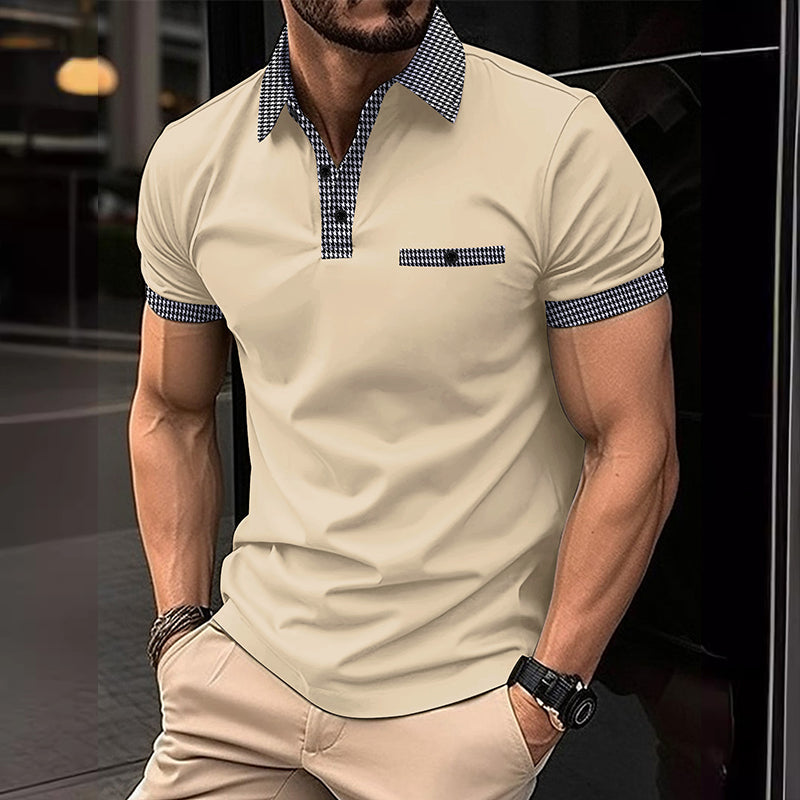 Men's Checkered Trim Short Sleeve Knit Polo Shirt Summer